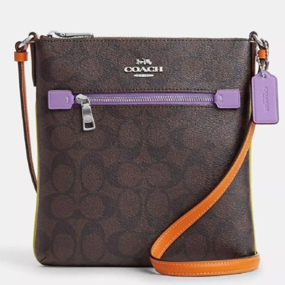 Coach CL671 Mini Rowan File Bag Sig C Brown Purple Orange Yellow Neon NEW - Picture 4 of 16